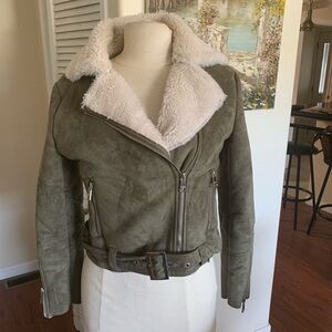 Vigoss Olive faux suede crop Jacket with Cream faux fur collar and lining
